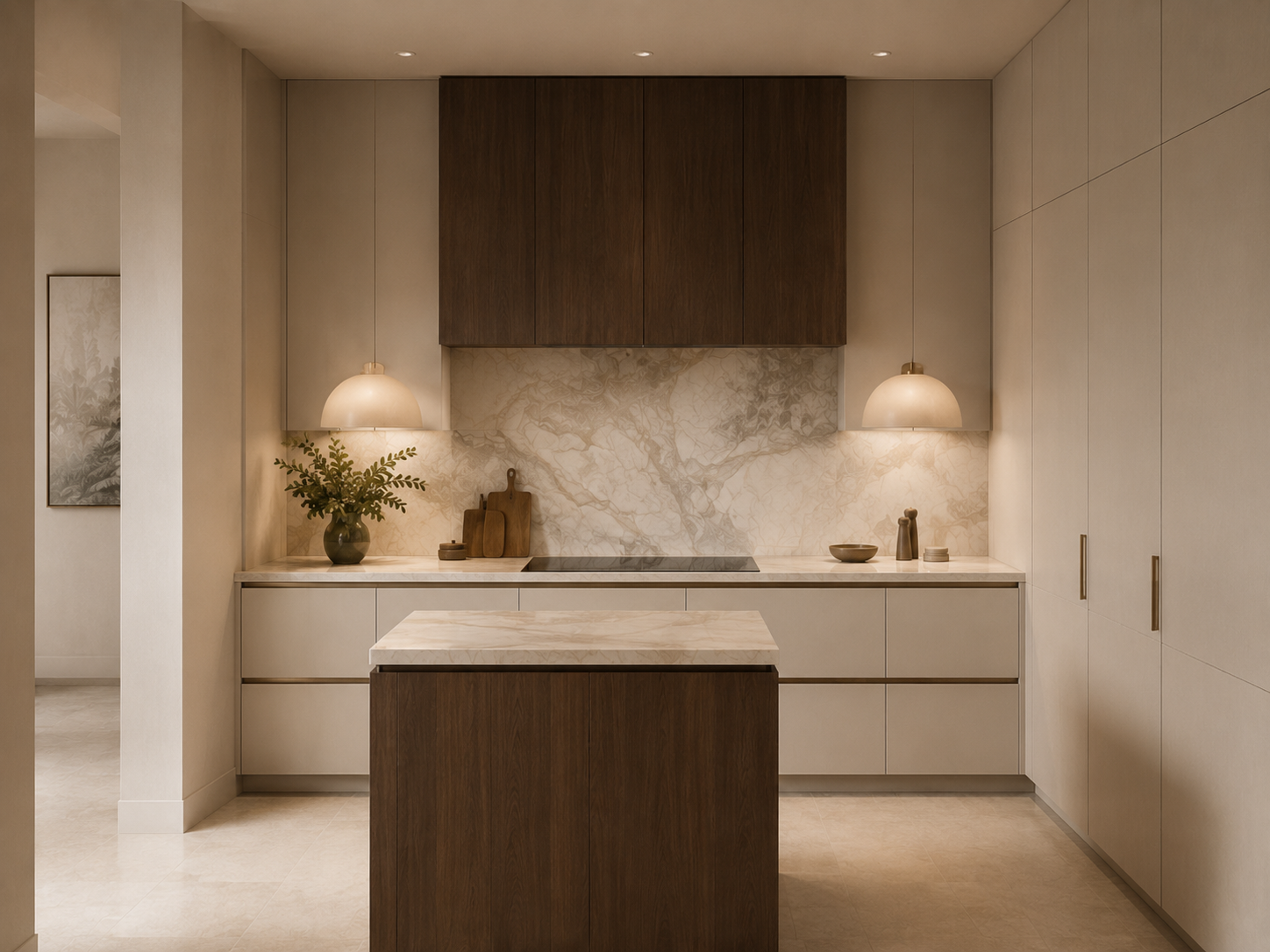 Tailored ivory kitchen with a dark walnut island