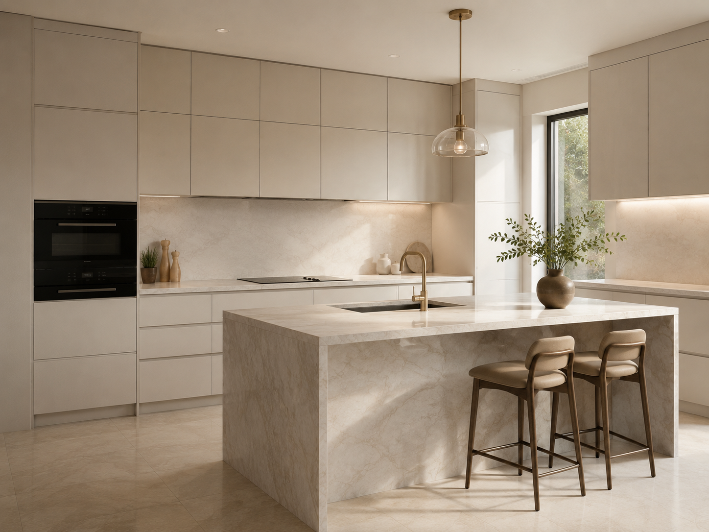 Light contemporary kitchen with marble island