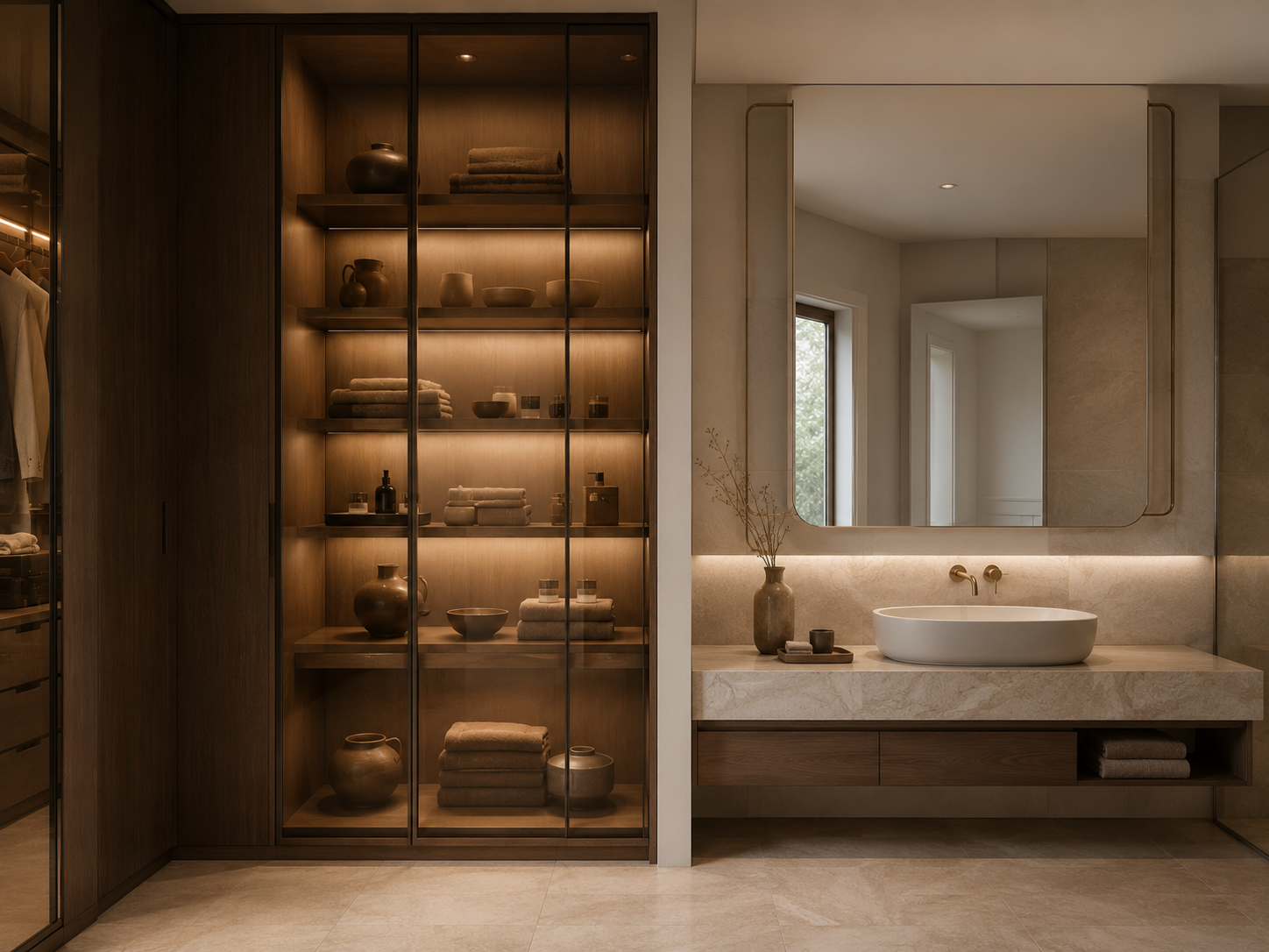 Bespoke bathroom vanity and illuminated display cabinet