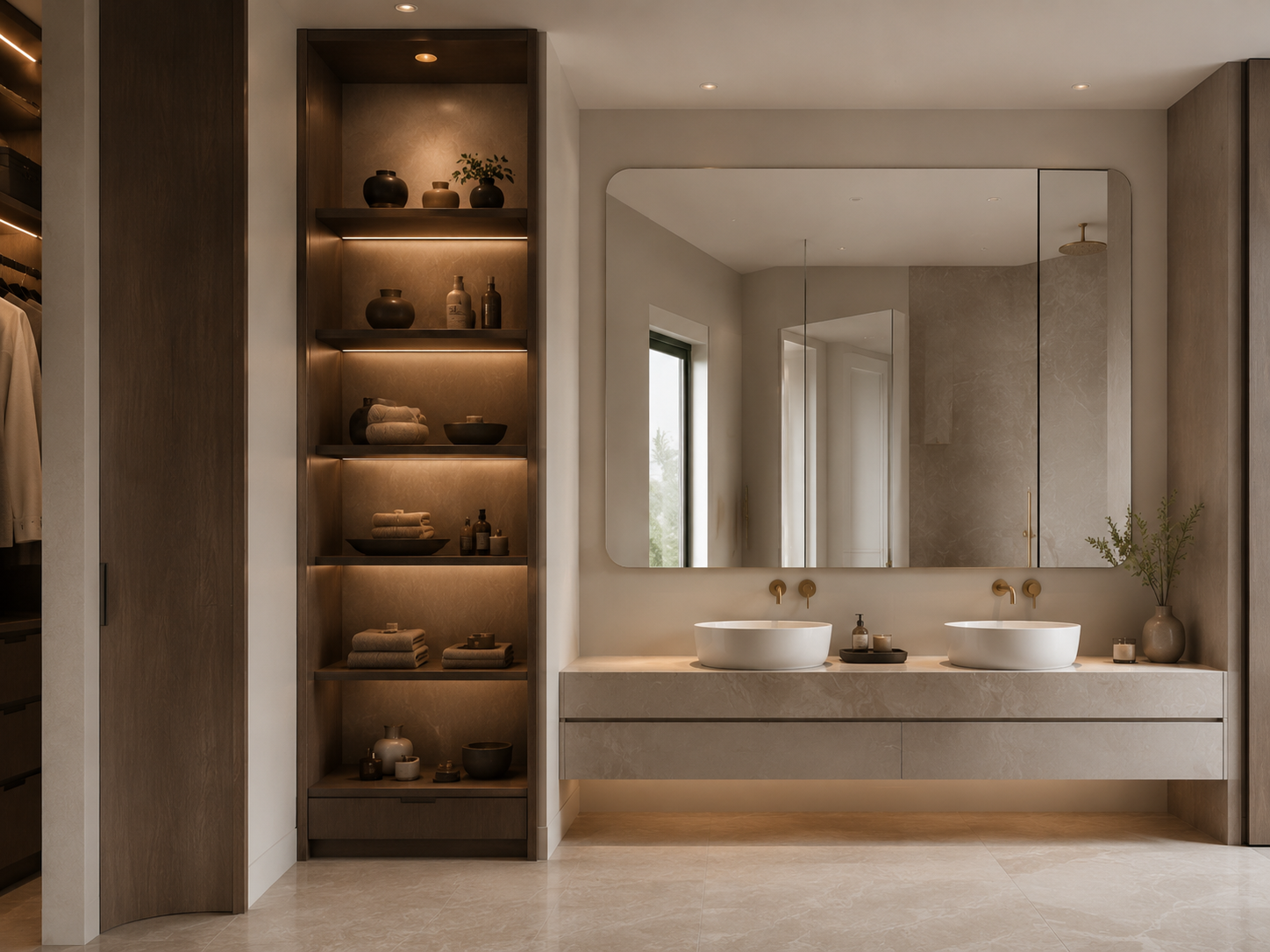 Calm double vanity with walnut display shelving