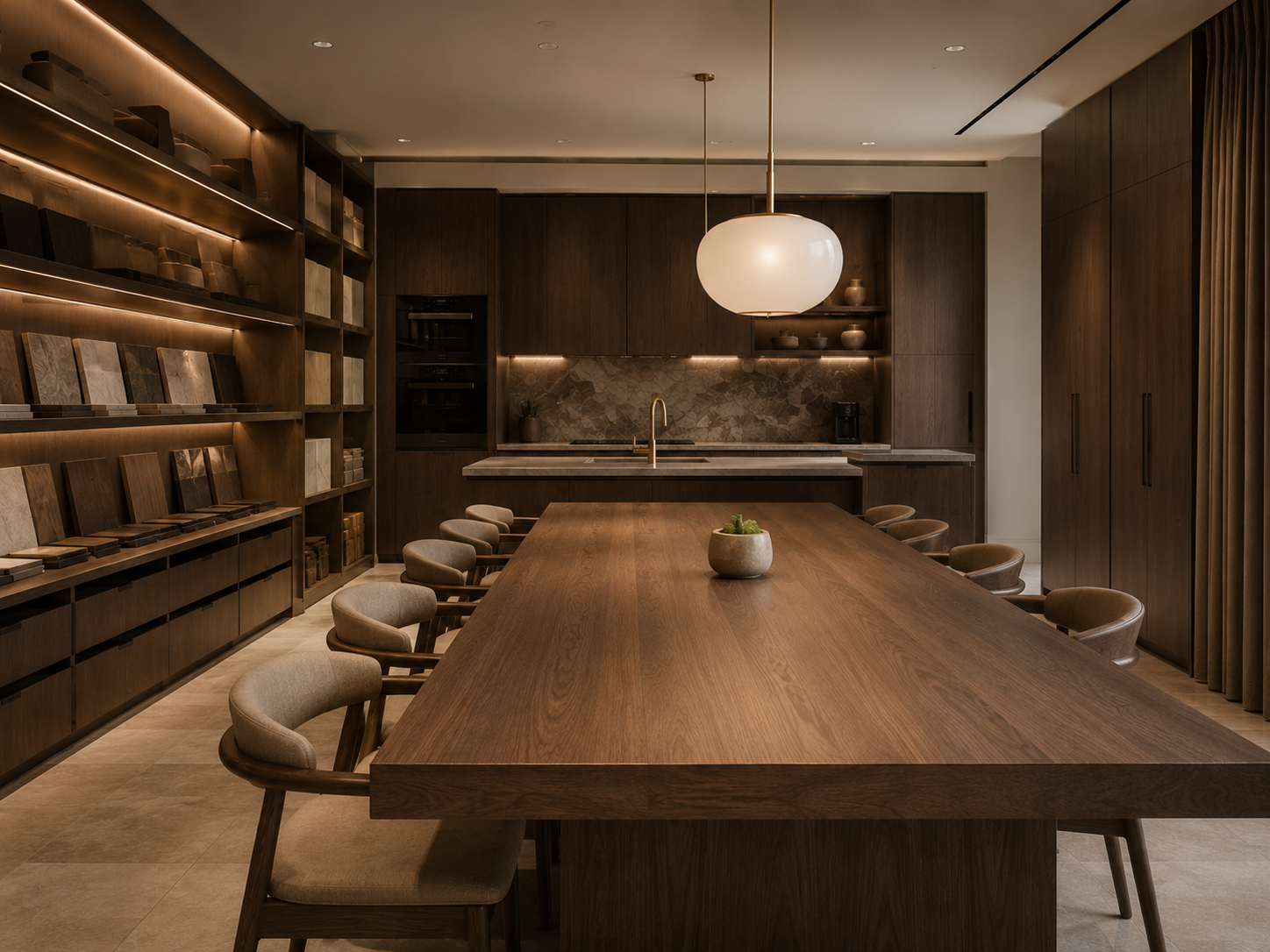 ALTAYAR showroom with a long walnut consultation table